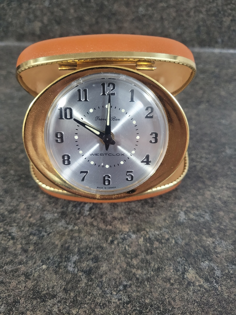 Westclox Travel Ben Folding Alarm Clock in Orange and Gold- Vintage